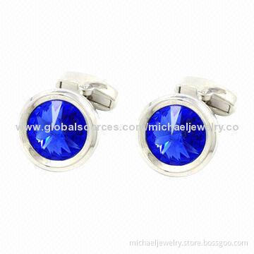 Brass Cufflinks with Blue Swarovski Stone and White Steel Plated, Nickel-free